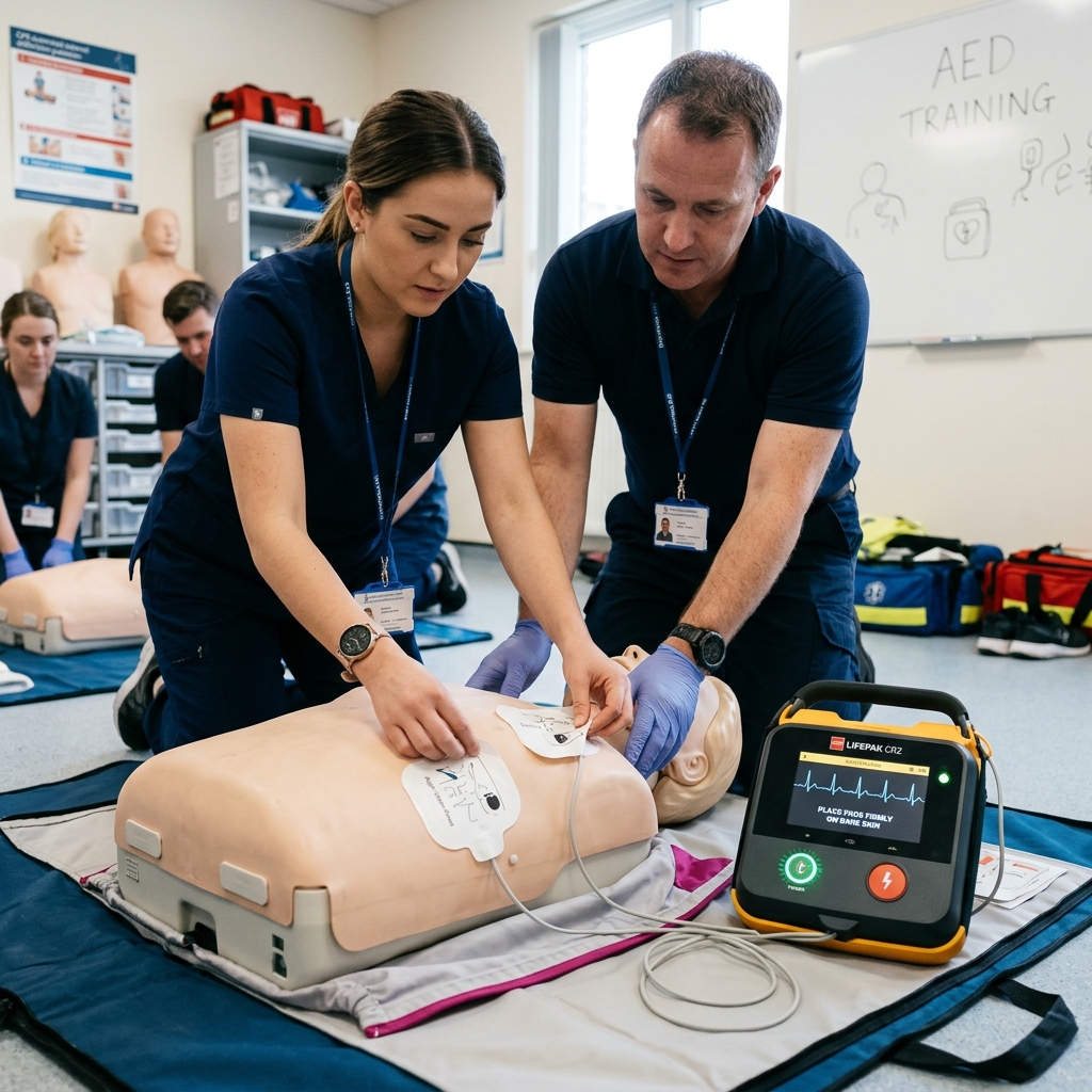 Trainer demonstrating CPR and AED techniques during a workshop