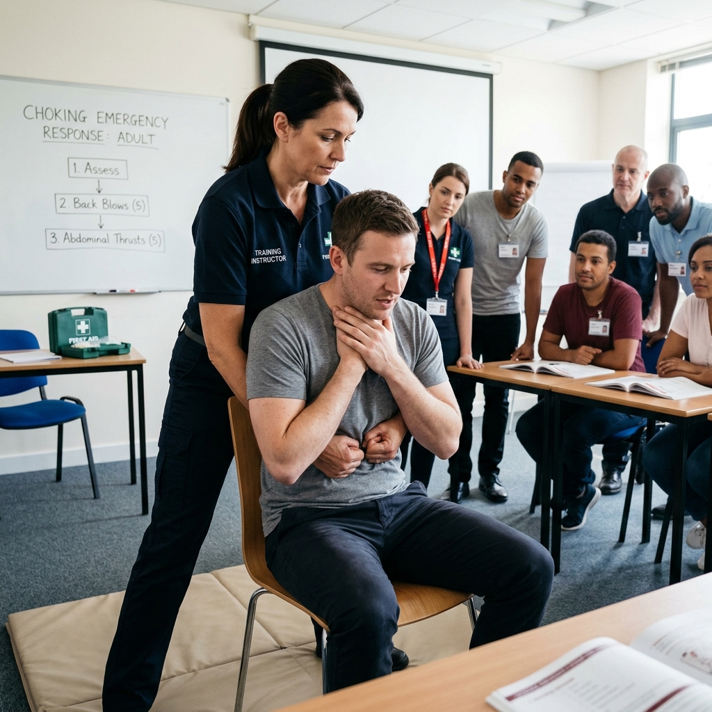Instructor demonstrating choking response to a classroom of staff