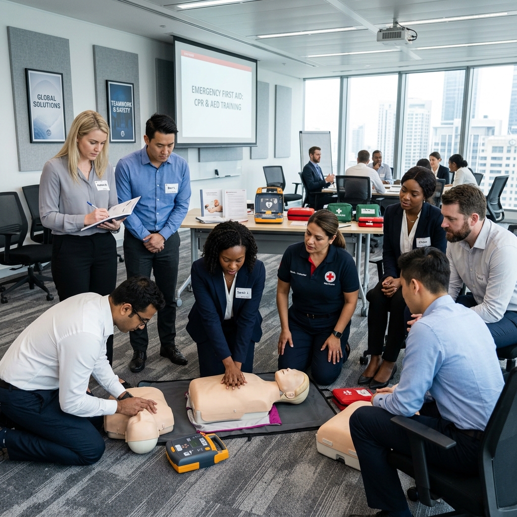 Office team practicing CPR on mannequins during an onsite corporate training session