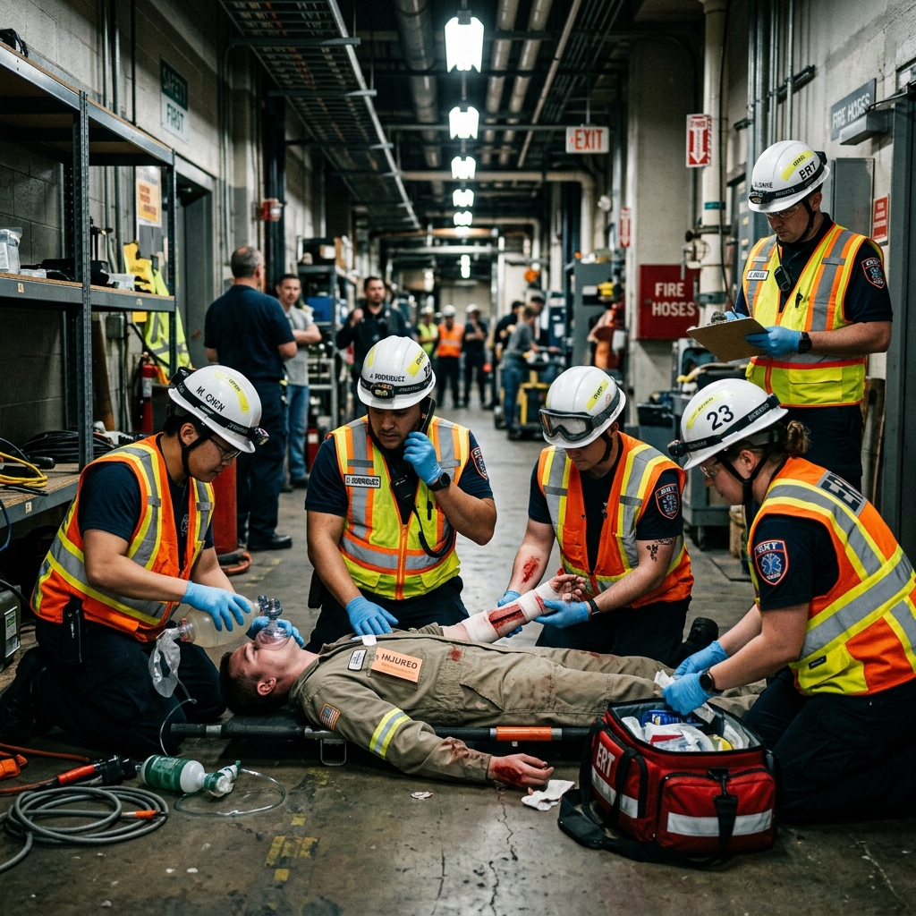 Emergency response team members undergoing crisis simulation training